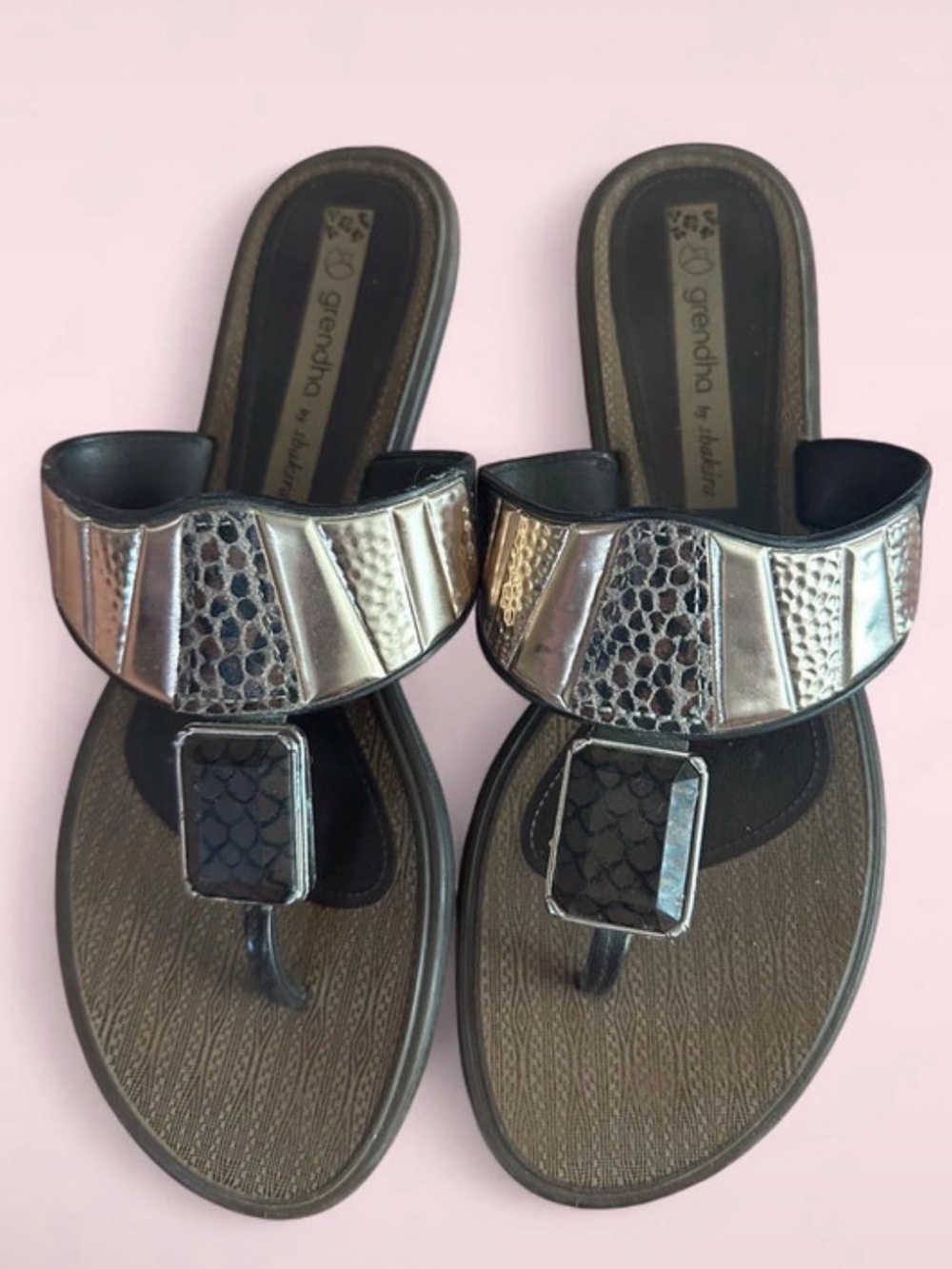Metallic Black T-Strap Women’s Sandals